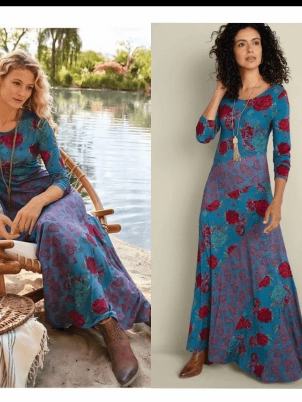 Soft Surroundings Teal Maxi Dress with Red Floral Print